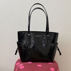 Michael Kors Voyager Large EW Tote Black Patent MK Embossed Shoulder Bag NWT
